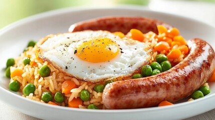 Wall Mural - A plate of American fried rice with a perfectly fried egg, sausages, peas, and carrots, served on a bright white plate against a soft background