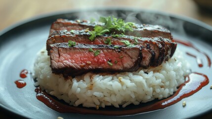 Wall Mural - A plate of beef rice with a tender, flavorful beef steak served over steaming white rice, garnished with herbs and a drizzle of sauce, creating a mouthwatering scene