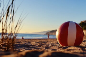 Wall Mural - Beach scene with red and white ball at sunset ocean view serenity