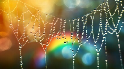 Aufkleber - A rainbow reflecting in raindrops on a spiderweb, with blurred greenery in the background for a natural, tranquil look