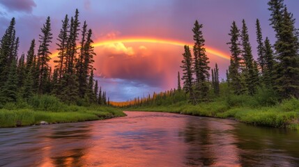 Aufkleber - A rainbow blending with pink and orange hues of a sunset over a still river, with trees lining the waters edge