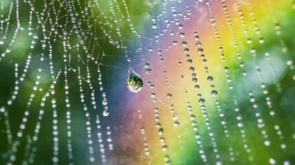 Aufkleber - A rainbow reflecting in raindrops on a spiderweb, with blurred greenery in the background for a natural, tranquil look