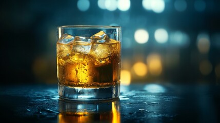 Aufkleber - A refreshing glass of beer filled with ice cubes, set on a bar counter with soft reflections, creating a cool and crisp look with a touch of ambient light