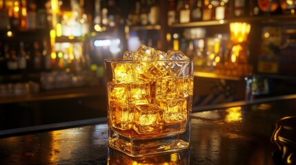 Aufkleber - A refreshing glass of beer filled with ice cubes, set on a bar counter with soft reflections, creating a cool and crisp look with a touch of ambient light