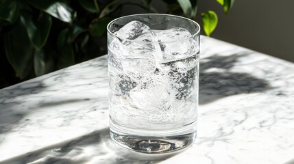 Poster - A refreshing glass of soda with ice cubes, showcasing the bubbles and fizz, sitting on a cool marble surface, with natural light highlighting the glass's clarity