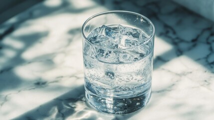 Poster - A refreshing glass of soda with ice cubes, showcasing the bubbles and fizz, sitting on a cool marble surface, with natural light highlighting the glass's clarity