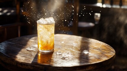 Poster - A refreshing shot of a cold soda with ice cubes, the liquid fizzing and sparkling, placed on a rustic wooden table with soft, diffused lighting