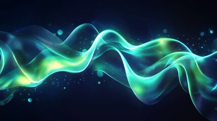 Wall Mural - An abstract blue background with a dark gradient and a neon green wavy line in the center that glows.