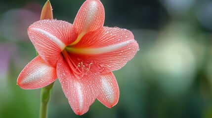 Poster - A single bright flower with dew-covered petals, set against a soft, blurred green background, highlighting the delicate water droplets