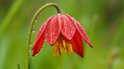 Poster - A single bright flower with dew-covered petals, set against a soft, blurred green background, highlighting the delicate water droplets