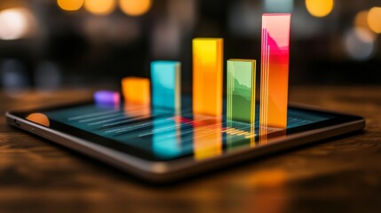 Fototapete - A sleek and modern financial bar graph displayed on a tablet screen with colorful bars showing fluctuations in the market over time