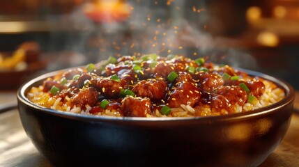 Wall Mural - A steaming bowl of beef rice with juicy beef slices over fluffy rice, drizzled with savory sauce and topped with green onions and sesame seeds, evoking a cozy meal feel