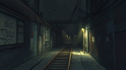 Aufkleber - A subway tunnel at night with faint lighting at the end, highlighting the long, empty tracks stretching into the distance, surrounded by rough concrete walls