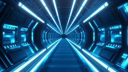 Aufkleber - A subway tunnel with glowing lights along the walls, creating a symmetrical path with parallel tracks and smooth concrete surfaces, leading to an unknown destination
