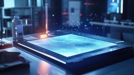 Poster - futuristic laboratory equipment processing digital information on an interactive screen, showcasing 