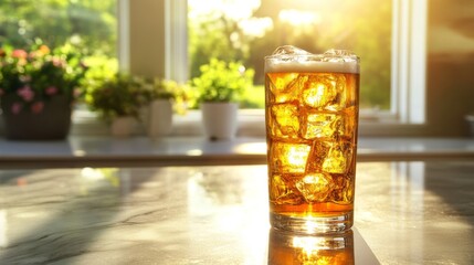 Poster - A tall glass of beer with large ice cubes inside, set on a smooth countertop with natural light reflecting off the ice and the beer's golden hue