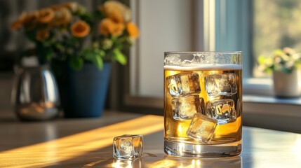 Poster - A tall glass of beer with large ice cubes inside, set on a smooth countertop with natural light reflecting off the ice and the beer's golden hue