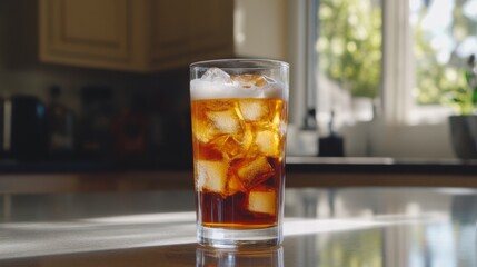 Poster - A tall glass of beer with large ice cubes inside, set on a smooth countertop with natural light reflecting off the ice and the beer's golden hue