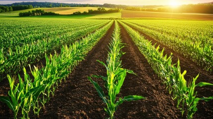 Poster - A top-down view of a lush cornfield with neatly aligned rows of corn plants, creating a geometric pattern on the field, under the soft light of midday