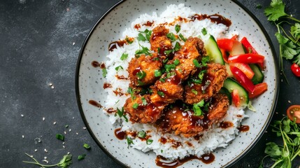 Wall Mural - A top-down view of crispy fried chicken pieces on a bed of fluffy white rice, with a drizzle of sauce and fresh vegetables on the side, set on a clean plate