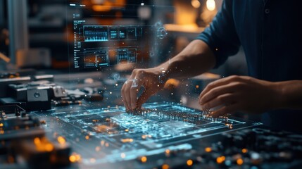 Poster - Electronics engineer developing a printed circuit board using an interactive hologram interface showing a futuristic design process in an innovative production environment