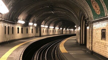 Fototapete - A wide shot of a subway tunnel with long, parallel tracks stretching ahead, with faint lighting casting shadows on the tunnels curved walls and floor