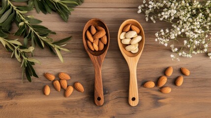 Poster - A wooden spoon filled with raw almonds placed on a rustic wooden table, surrounded by a few scattered almonds, with a warm, inviting ambiance