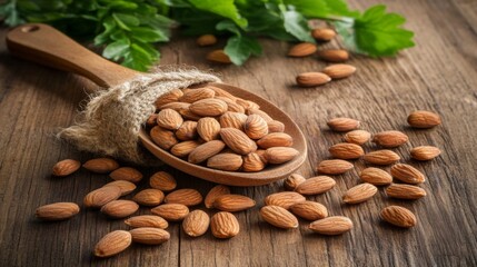 Poster - A wooden spoon filled with raw almonds placed on a rustic wooden table, surrounded by a few scattered almonds, with a warm, inviting ambiance