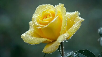 Poster - A yellow rose with fresh dew on its petals, set against a soft green garden background for a cheerful and vibrant look