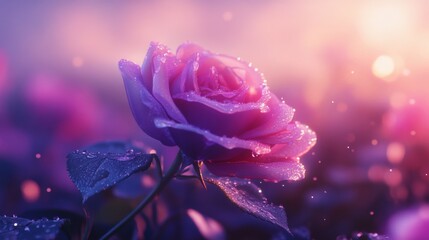 Aufkleber - Close-up of a blooming purple rose with water droplets clinging to its petals, set against a blurred garden backdrop