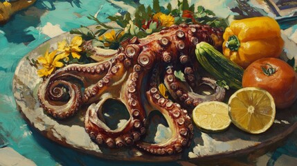 Wall Mural - Grilled octopus served on a rustic stone platter, drizzled with olive oil and sprinkled with coarse sea salt, with a side of fresh vegetables