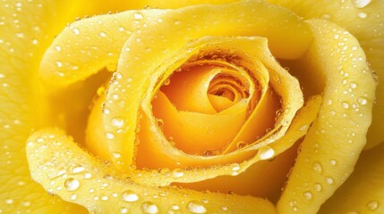 Poster - Macro shot of water droplets on a yellow rose petal, reflecting light and creating a detailed, fresh appearance