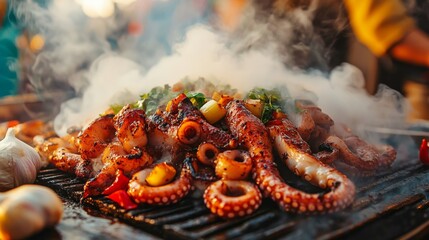 Wall Mural - Octopus tentacles sizzling on a hot grill with garlic cloves and chili peppers, releasing a smoky and aromatic ambiance