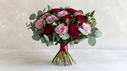 Poster - Soft pink and red roses arranged in a bouquet on a light background, with delicate greenery to create a fresh, romantic Valentines Day aesthetic