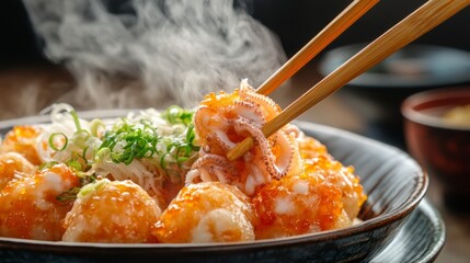 Poster - Takoyaki being served on a plate with wooden chopsticks, highlighting the steam rising from the hot, octopus-filled interior