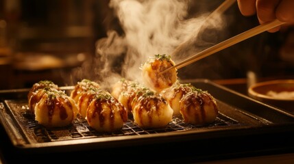 Poster - Takoyaki being served on a plate with wooden chopsticks, highlighting the steam rising from the hot, octopus-filled interior
