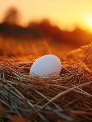 A white egg is sitting on a nest made of straw. The egg is surrounded by a lot of straw, and the sun is shining on it, making it look warm and inviting