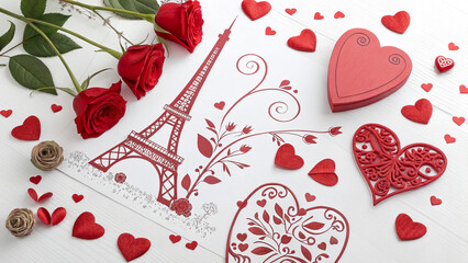 Wall Mural - Valentine's Day theme on a white background featuring red hearts, roses, and romantic elements, perfect for cards, banners, or promotional designs
