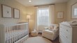 © peppastocker - Cozy baby nursery with crib, armchair, and soft lighting in neutral tones
