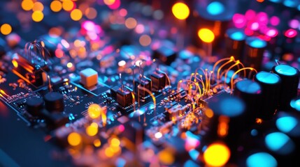 Poster - Close up of an electronic circuit board showcasing innovative technology, illuminated by vibrant, colorful lights, symbolizing the power and complexity of modern electronics