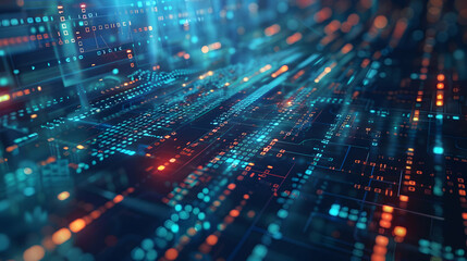 Poster - Abstract digital landscape with glowing data streams and circuit patterns.