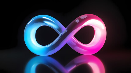 Wall Mural - 3d render of an infinity symbol made from glowing neon light in blue, pink, and purple, isolated on a black background with reflection and shadow. Luminous Shadows. Illustration