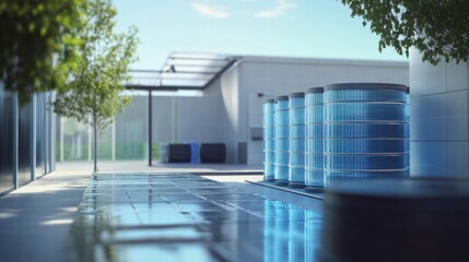 Poster - Cylindrical battery units stand prominently at a modern facility, showcasing innovative energy storage solutions for a sustainable future, reflecting blue light onto the wet tiled ground