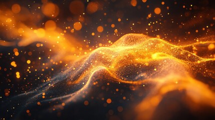 Poster - glowing abstract waves of golden particles in a dark atmosphere