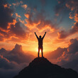 © linno - triumph as a silhouette raises arms in victory atop a mountain peak, bathed in dramatic orange and crimson hues at dawn. an inspiring, supernatural atmosphere of achievement.