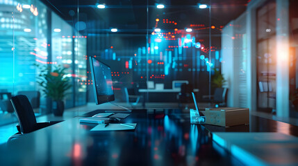 Poster - modern office space with digital financial data displayed on screens.