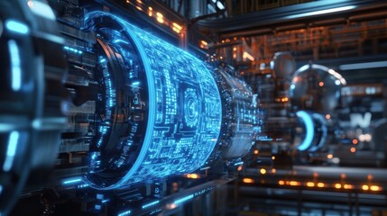 Poster - Innovative digital processing unit with glowing blue neon lights working inside a powerful server, generating immense computing power in a high tech environment