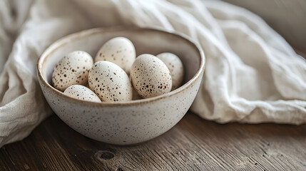 Speckled eggs in a rustic bowl, a simple, natural still life.