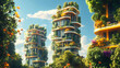 © Thiago - Cultivating urban sustainabilitysolar-punk skyscrapers vertical farms urban gardens modern cities innovative green architecture. Solar Punk. Illustration
