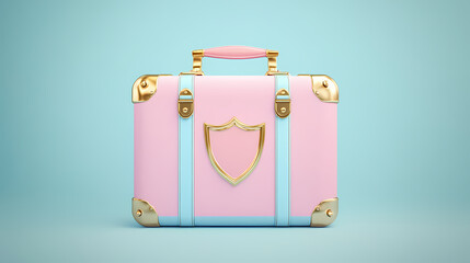 Vintage style suitcase with pastel pink and blue colors, featuring gold accents and shield emblem, evokes sense of nostalgia and adventure. Pastel Nostalgia. Illustration